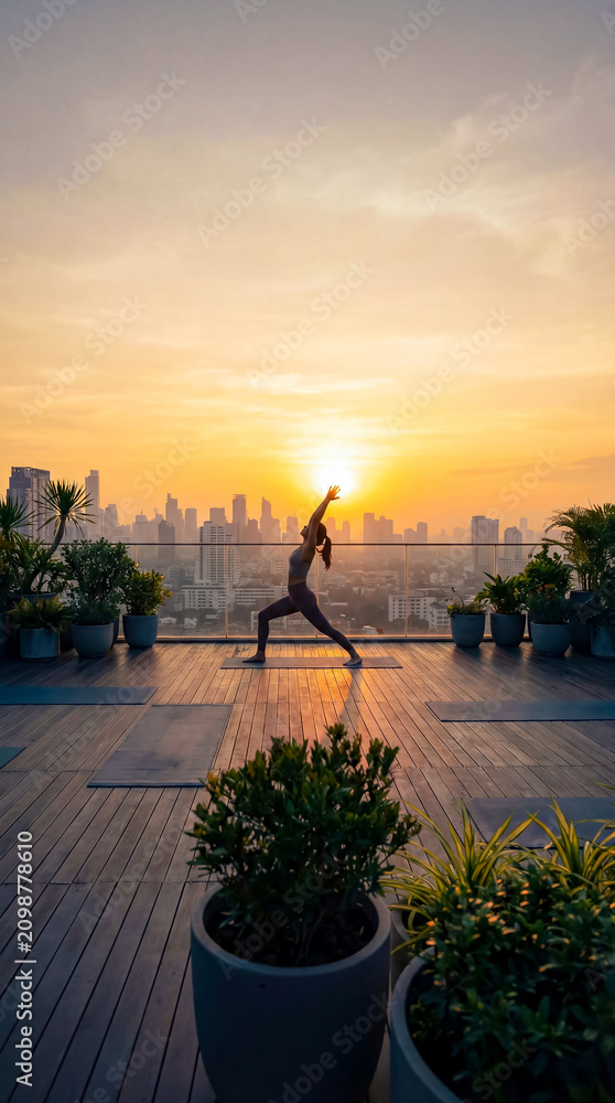 Obraz premium Woman performs yoga pose on rooftop at sunset with city skyline view. Warm colors fill the sky, creating a tranquil scene. Concept of fitness, wellness, lifestyle