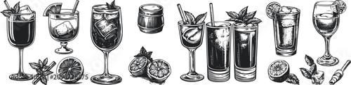 A stylish assortment of cocktail glasses filled with colorful drinks, garnished with citrus slices, cherries, mint, and ice, ideal for celebrations and social gatherings.
