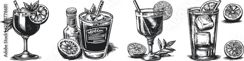 A collection of four refreshing cold drinks with citrus slices and ice, beautifully arranged with straws and garnishes, perfect for summer refreshment or social gatherings.