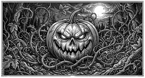 Spooky Halloween pumpkin with glowing eyes and twisted vines in a dark mystical forest under a full moon
