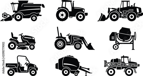 Cuadro en lienzo Agricultural Machinery Silhouette Collection Featuring Farm Equipment Constructi
