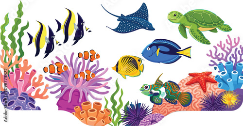 Bild auf Leinwand Underwater Coral Reef Sealife Vector Illustration Featuring Turtle Stingray Clow