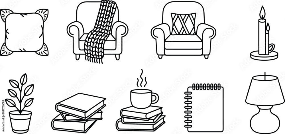 Fototapeta premium Collection of black and white line showing cozy living room like pillows, armchairs, candles, and books