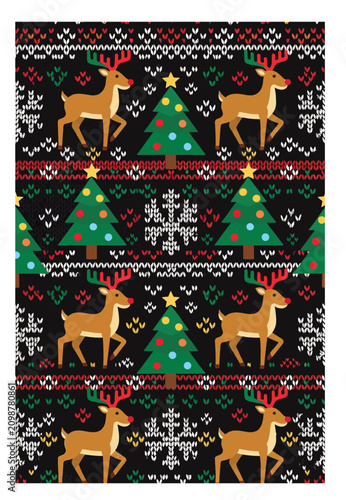 Christmas Seamless Pattern with Reindeer Trees and Snowflakes Vector