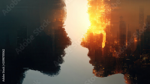 Business concept city skyline reflection sunset skyscraper form abstract urban contrast for technology growth and strategy vision