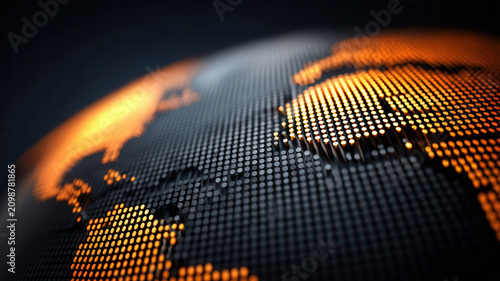 Global network technology business concept digital globe with orange light and dark abstract world map background