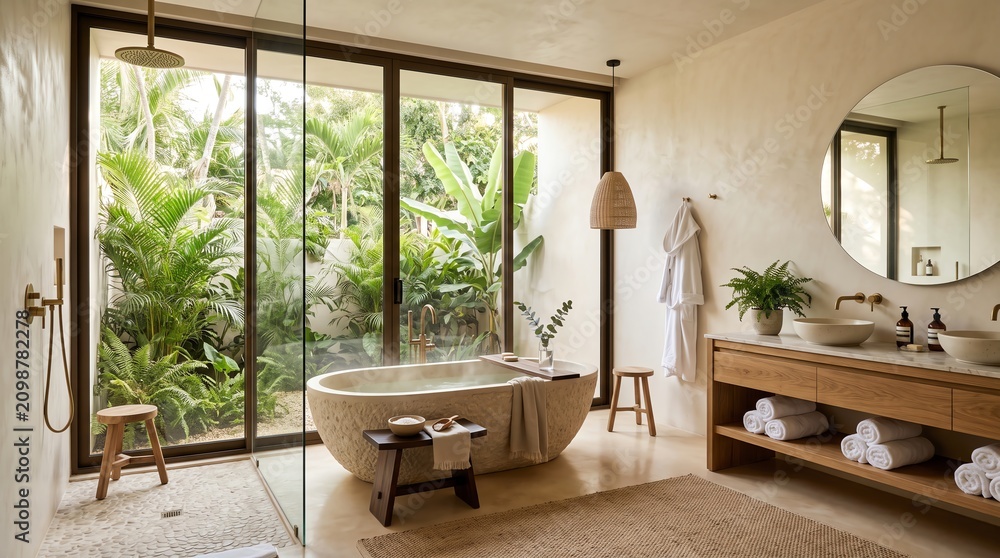 Obraz premium Luxurious Tropical Resort Bathroom Featuring A Natural Stone Bathtub And Floor To Ceiling Windows Overlooking A Lush Jungle Garden