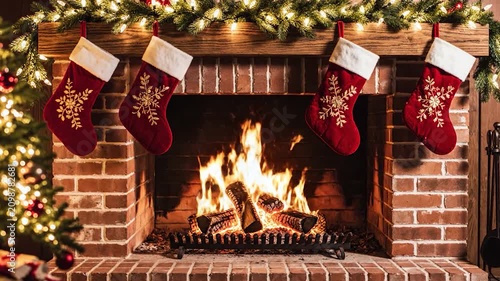 Cozy Christmas fireplace with festive stockings and warm glowing fire