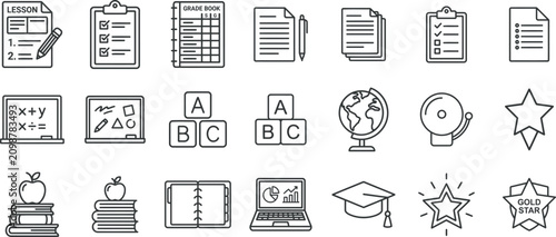 Minimalist School Education and Grading Line Icon Set with Lesson Plan, Blackboard, ABC Blocks, Laptop, Graduation Cap, and Gold Star Badge