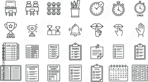 Minimalist Classroom Management and School Rules Line Icon Set with Clipboard, Trophy, Desk Layout, Timer, Attendance Sheet, and Behavior Chart