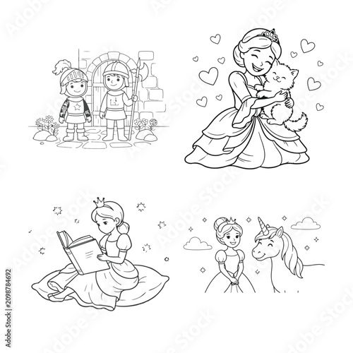 Cute Princess Coloring Page Set for Kids and Children