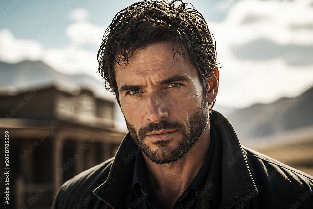 Fototapeta premium A rugged man with dark, curly hair looks intensely at the camera outdoors in a mountainous setting.