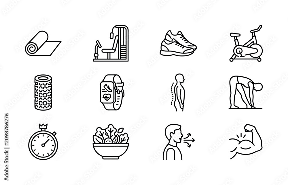 Fototapeta premium Fitness and mobility improvement. Line outline icon set of Fitness and mobility improvement: yoga mat, resistance machine, running shoes, exercise bike, foam roller, smartwatch fitness tracker,