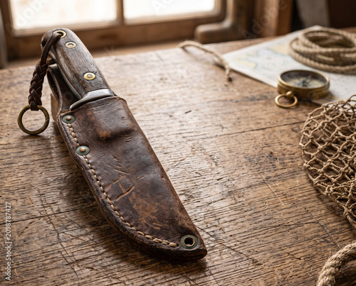 Leather knife sheath resting on wooden table with fishing gear  