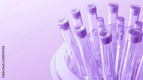 A close-up view of multiple test tubes arranged in a circular holder on a laboratory table with purple caps and tubes.