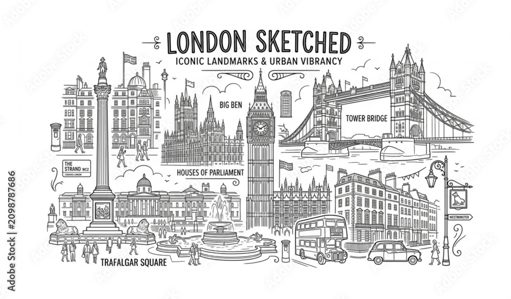 Obraz premium London city landmark collage line art vector illustration isolated on white