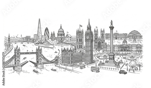 Historic London skyline collage hand drawn vector illustration isolated on white