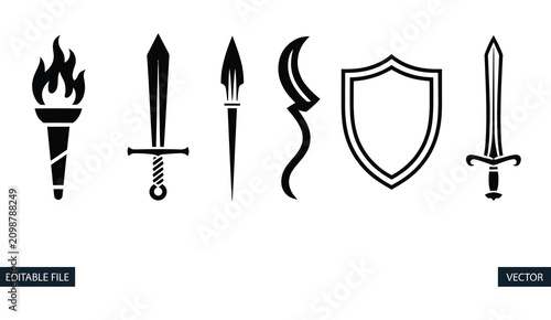 Fotografía Medieval Weapons And Shields Vector Silhouette Collection Featuring Sword, Dagger, Shield, Torch, Helmet, Axe, Spear, And Knight Protection Gear, Black Historic Icons Isolated On White Background