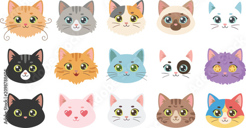 Cute Kawaii Cat Faces Collection with Adorable Cartoon Kitten Avatar Vector Set