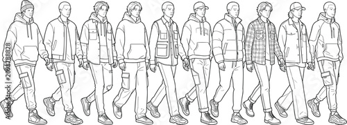 Fotografie Collection of young men in modern casual streetwear fashion walking in a stylish