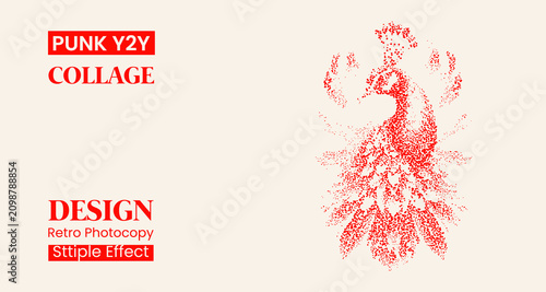 Foto Stipple effect peacock illustration in red ink, vintage punk y2k aesthetic, retr