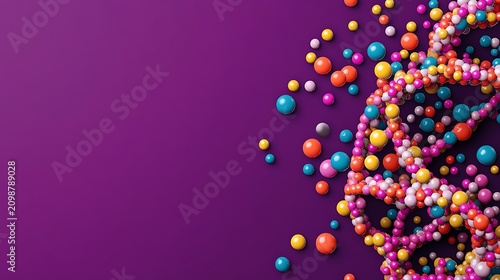A colorful scattering of various sized beads in pink, blue, orange, and yellow hues on a purple surface