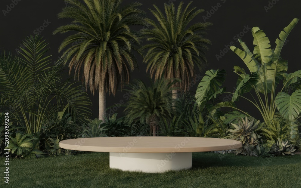 Fototapeta premium Minimalist beige product display podium on green grass surrounded by lush tropical palm leaves and exotic plants against a dark moody background, for cosmetic presentation