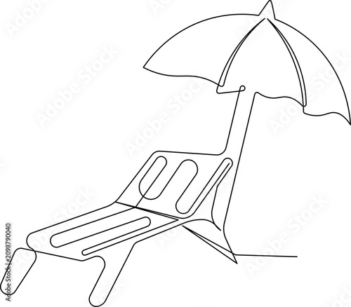 Beach chair with umbrella continuous line art illustration for summer vacation travel concepts
