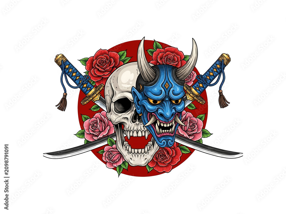 Fototapeta premium Skull with Japanese mask and katana swords, symbolizing duality, life and death, and Eastern culture