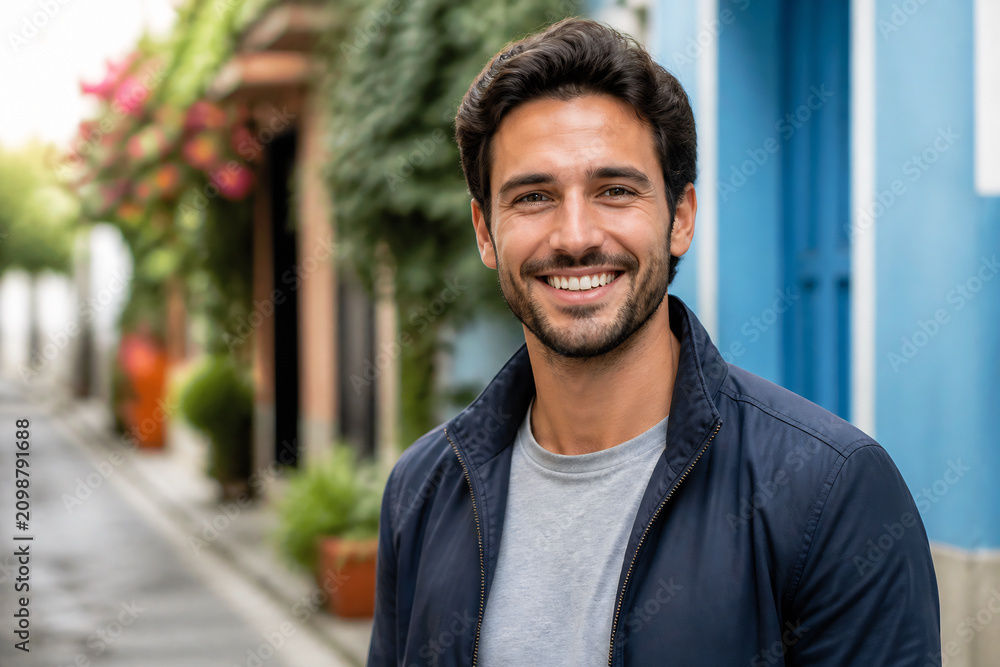 Fototapeta premium A smiling man in a dark jacket stands outdoors with greenery and buildings in the background.