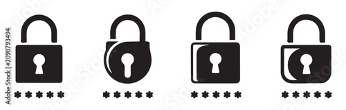 Set of four distinct padlock icons with password input fields representing secure user access forms.