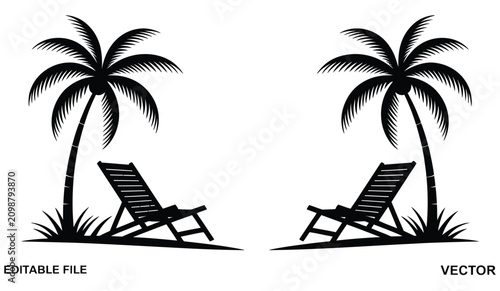 Beach Vacation Silhouette Vector Featuring Lounge Chairs, Palm Trees, Tropical Island, And Coastal Paradise Elements, Minimal Black Illustration Perfect For Holiday, Tourism, Summer, Resort, 
