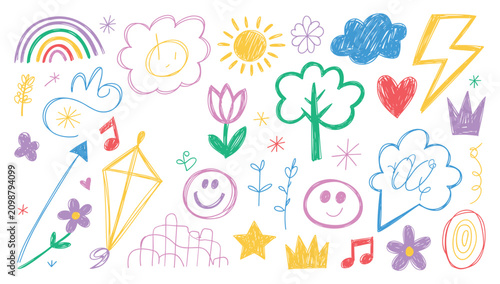 Children drawing style colorful crayon doodle elements set with children colorful lightning illustration elements creative childish decoration