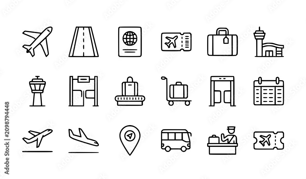 Fototapeta premium Editable airport life and travel service vector line icon bundle
