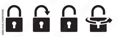 Black padlock icons unlocked with rotation arrows locked and open for access and security.