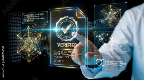 Cyber security verification document with digital checkmark and data streams