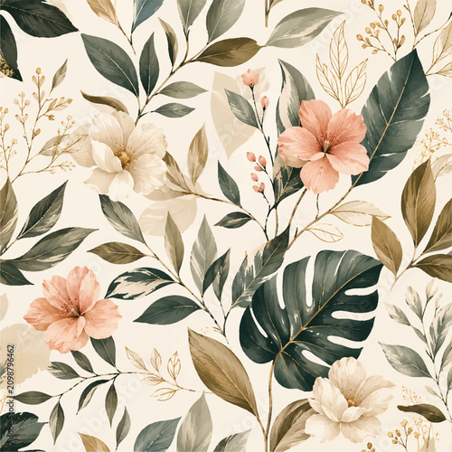 Foto tropical leaves with pink flowers on white background elegant pattern trendy et