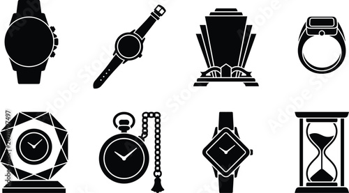 Cuadro en lienzo Black and white solid silhouette vector icons set featuring watches, clocks, jew