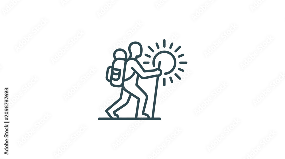 Fototapeta premium A minimalist line art icon of a hiker walking towards the sun