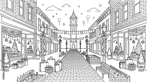 Foto Christmas coloring page of a festive town street, holiday shopping district with