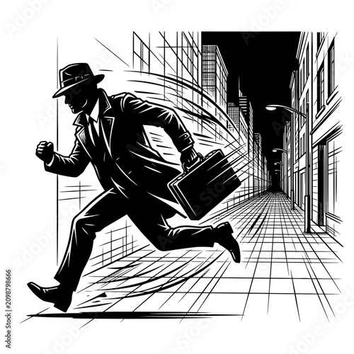 Fotografija Detective Running in City Street with Briefcase, Noir Style