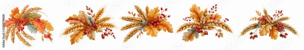 Obraz premium Decorating with a collection of autumn harvest bouquets featuring wheat, oak leaves, and red berries, creating a warm seasonal watercolor nature design