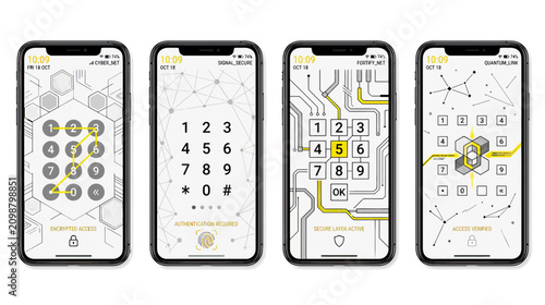 Obraz na płótnie Smartphone security screens: PIN, fingerprint, pattern, and password lock interf