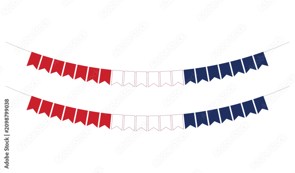 Obraz premium Red and blue triangular bunting flags strung in two parallel lines for decoration vector