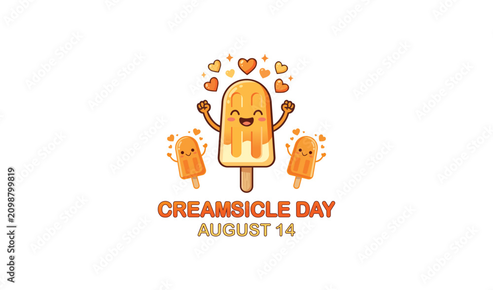 Fototapeta premium Celebration of creamsiclle day with joyful popsicle characters and hearts on august 14 vector