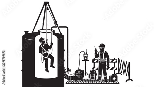 Schilderij op canvas Confined space entry vector illustration, industrial worker in safety harness de