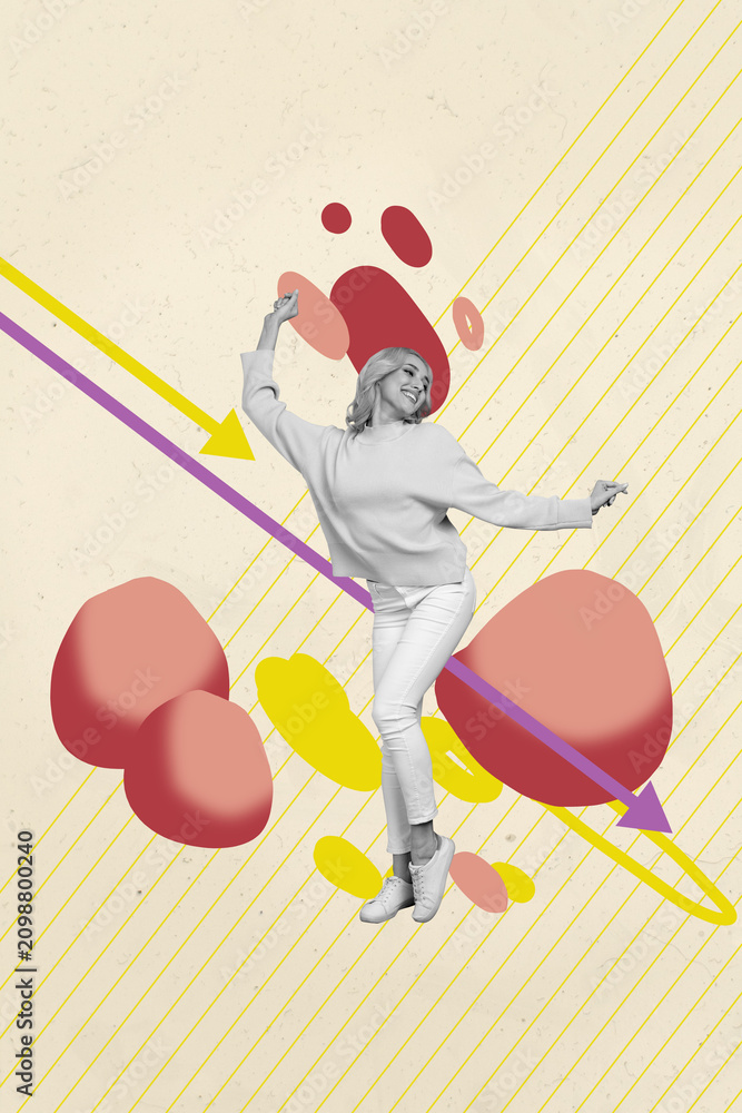 Fototapeta premium Picture art collage of person dance stand on pastel background with down arrows