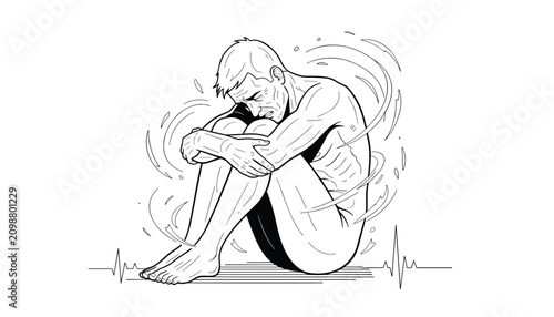 Heartbreaking line art illustration of shivering man clutching his knees in fear with heartbeat line at bottom.