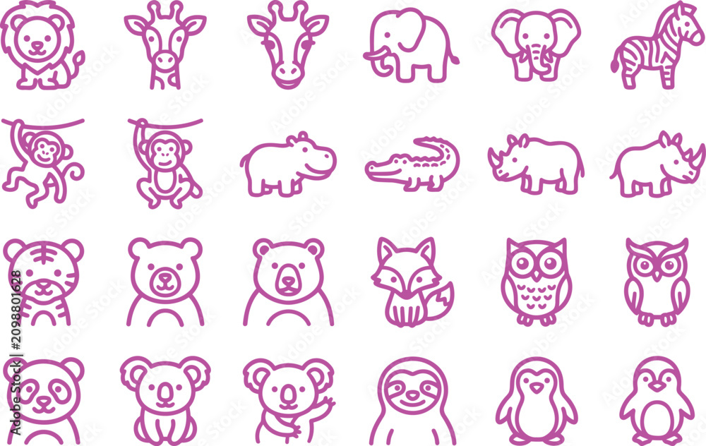 Fototapeta premium Cute baby animals and wildlife minimalist line icons set. Vector outline of safari, jungle, and zoo animals including koala, panda, and lion.