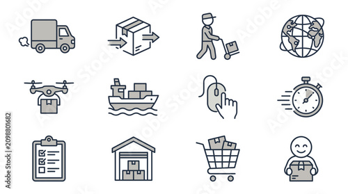 Photos Logistics and Delivery Icons Set: Shipping, Transport, Warehousing, Drone, Ship,